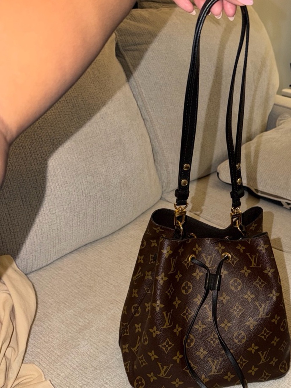 Louis Vuitton Monogram Canvas Drawstring Shoulder Bag in Brown and Black